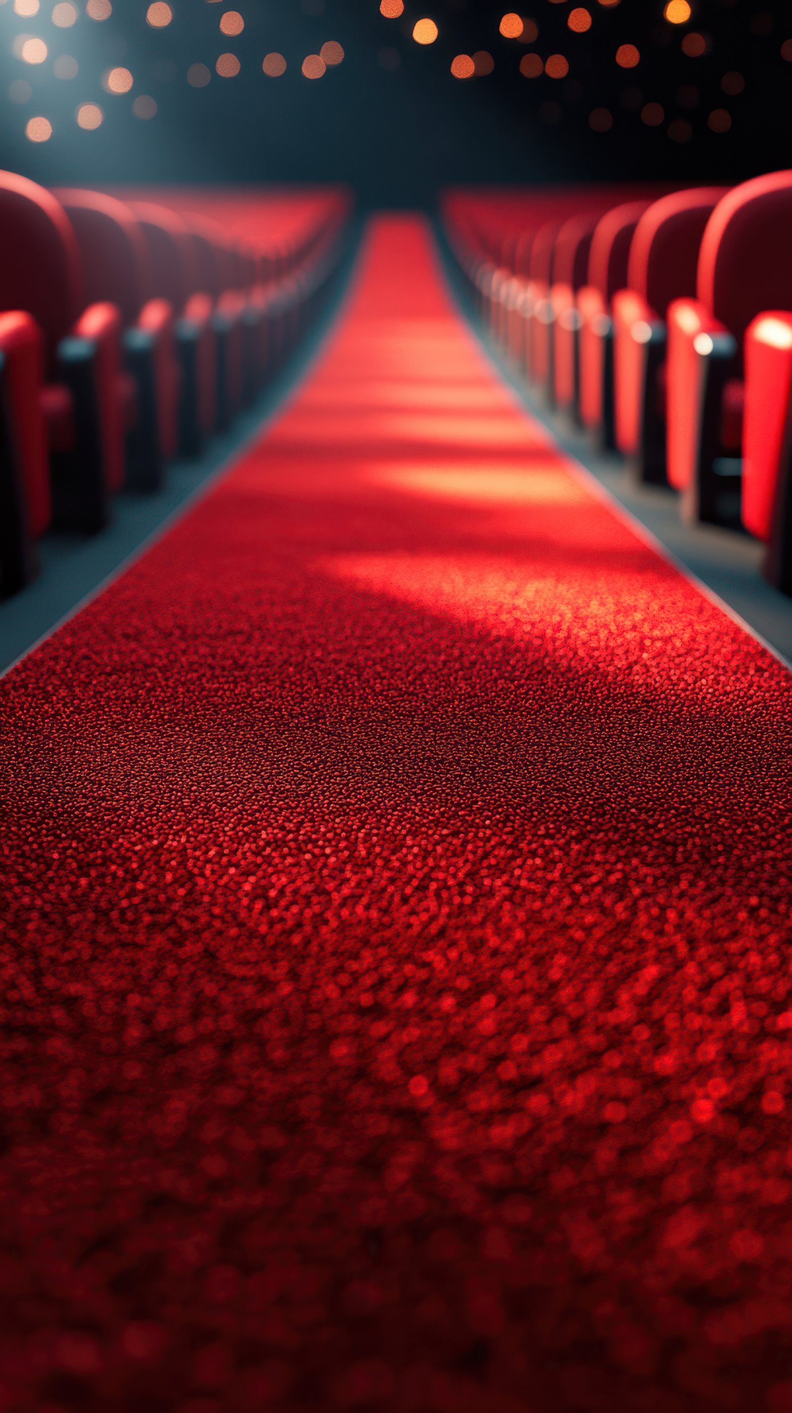 Glimmering red carpet leading to empty theater seats during an evening event